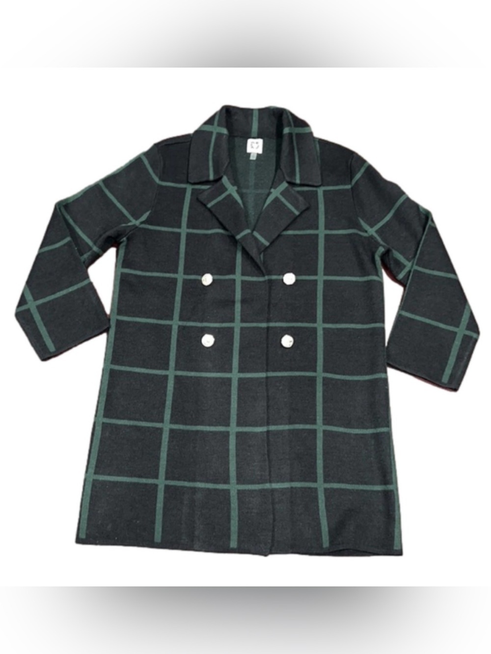 Anne Klein Navy and Green Plaid Open Front Cardigan Sweater Jacket -Size Medium